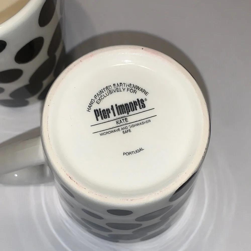 Pier 1 Kate Cream and Black Dotted/ Polka Dot Earthenware Ceramic Set Of Mugs